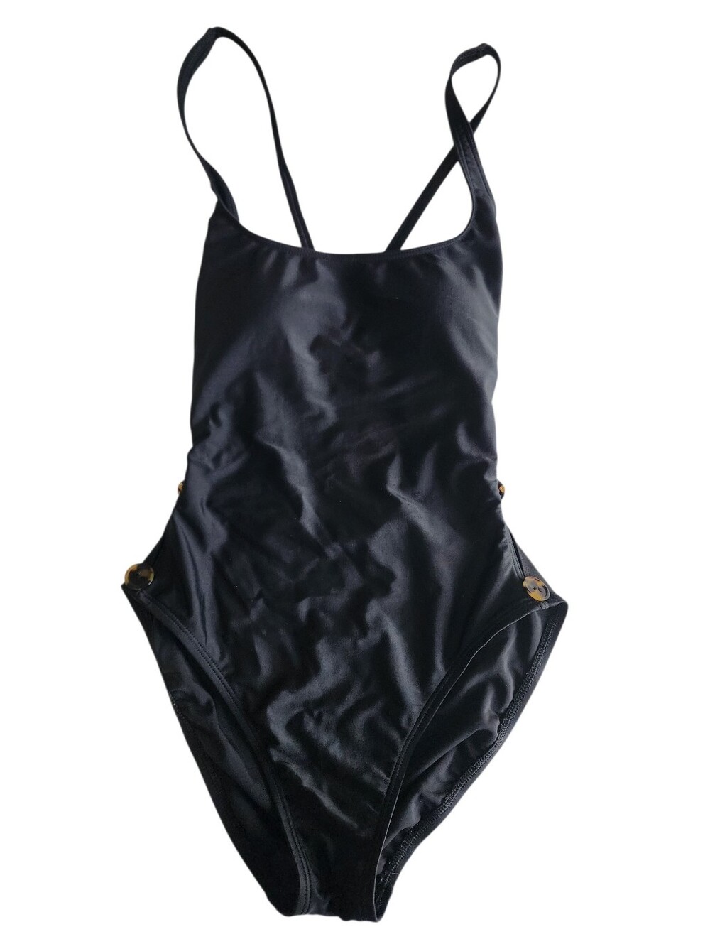 Anne Klein Black One-Piece Swimsuit with Side Button Detail CrissCross Back SZ S